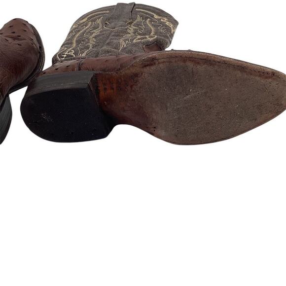 Men's Brown Ostrich Skin Western Boots Square Toe Mid-Calf - Picture 8 of 11